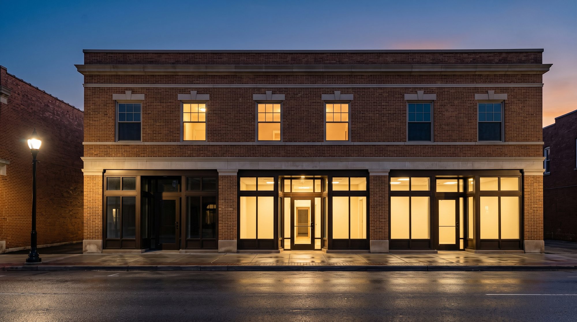 Two-story brick commercial building at dusk, storefront windows lit, wet empty street in front