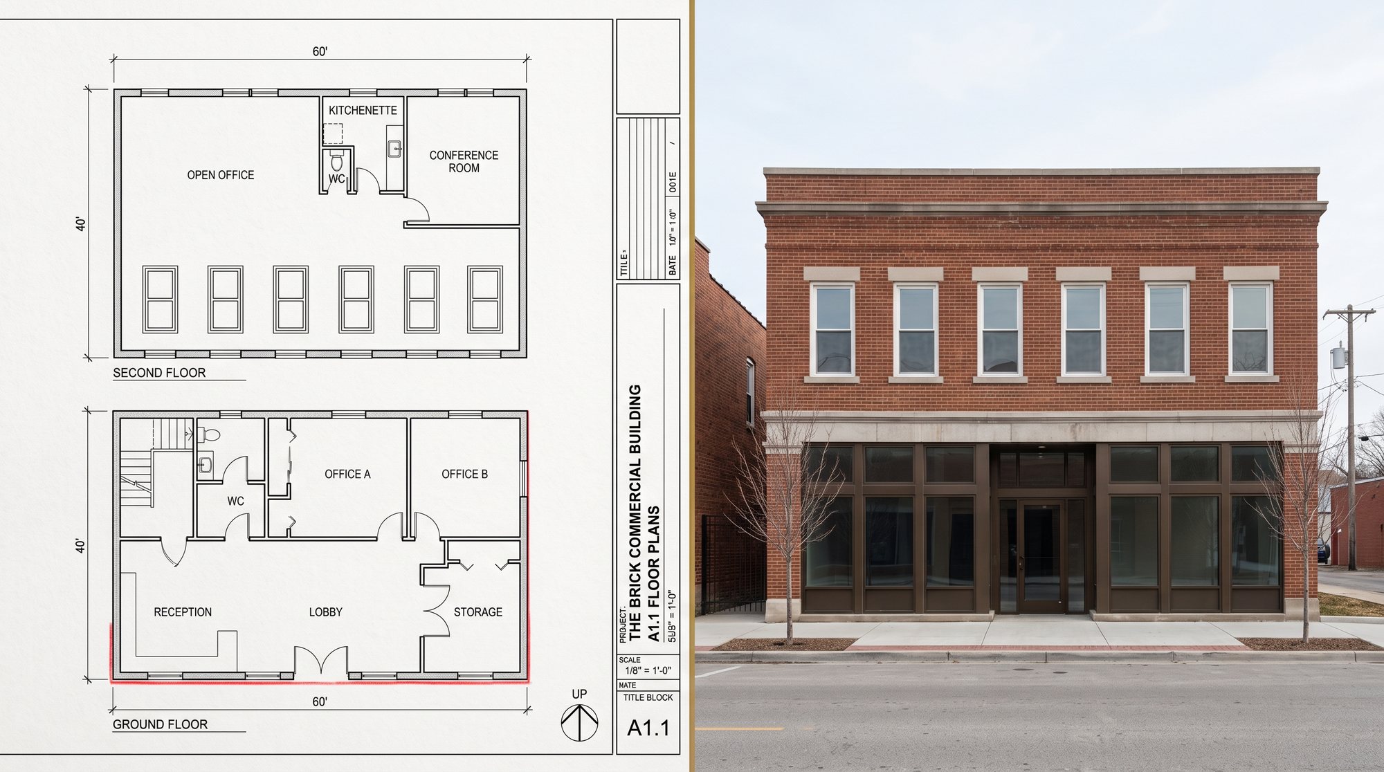 Left half: ground-floor plan sheet with the front wall traced in red. Right half: the finished brick building photographed straight on, each window matching the plan