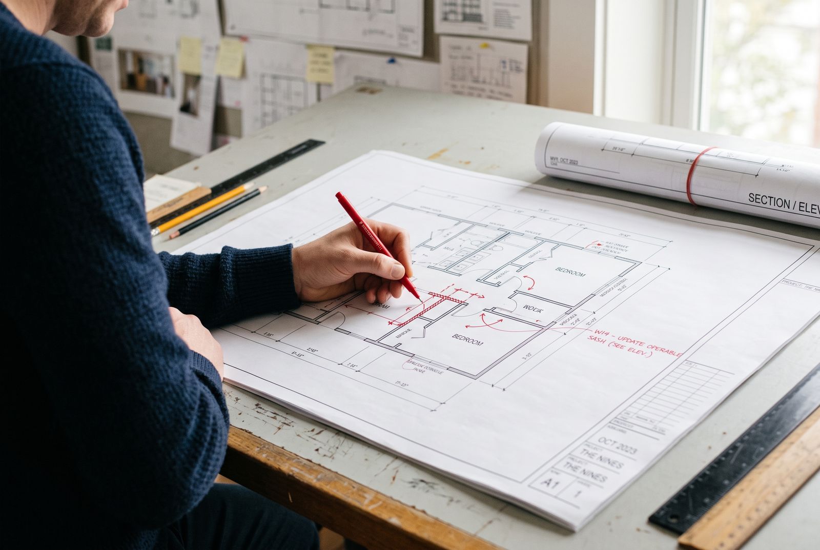 Architect's hand with a red pen marking corrections on a floor plan at a drafting table