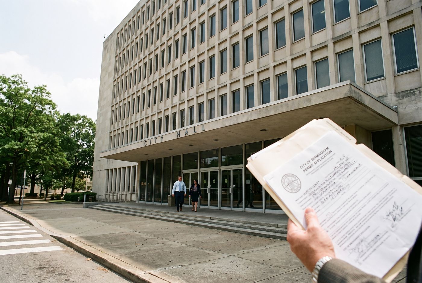 Birmingham City Hall entrance with a hand holding a folder and stapled permit application in the foreground