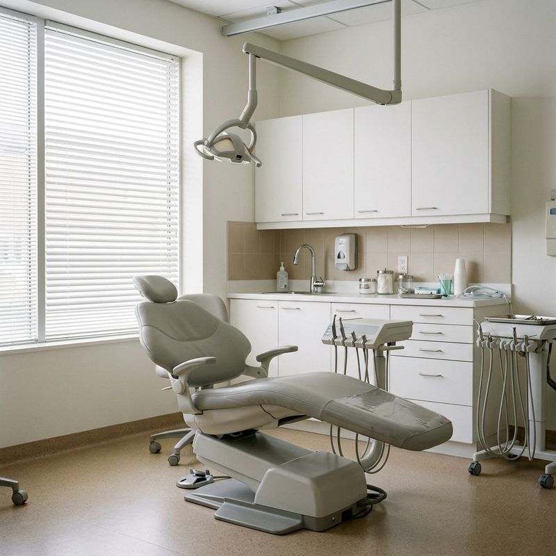 Dental operatory with reclined patient chair and white cabinets
